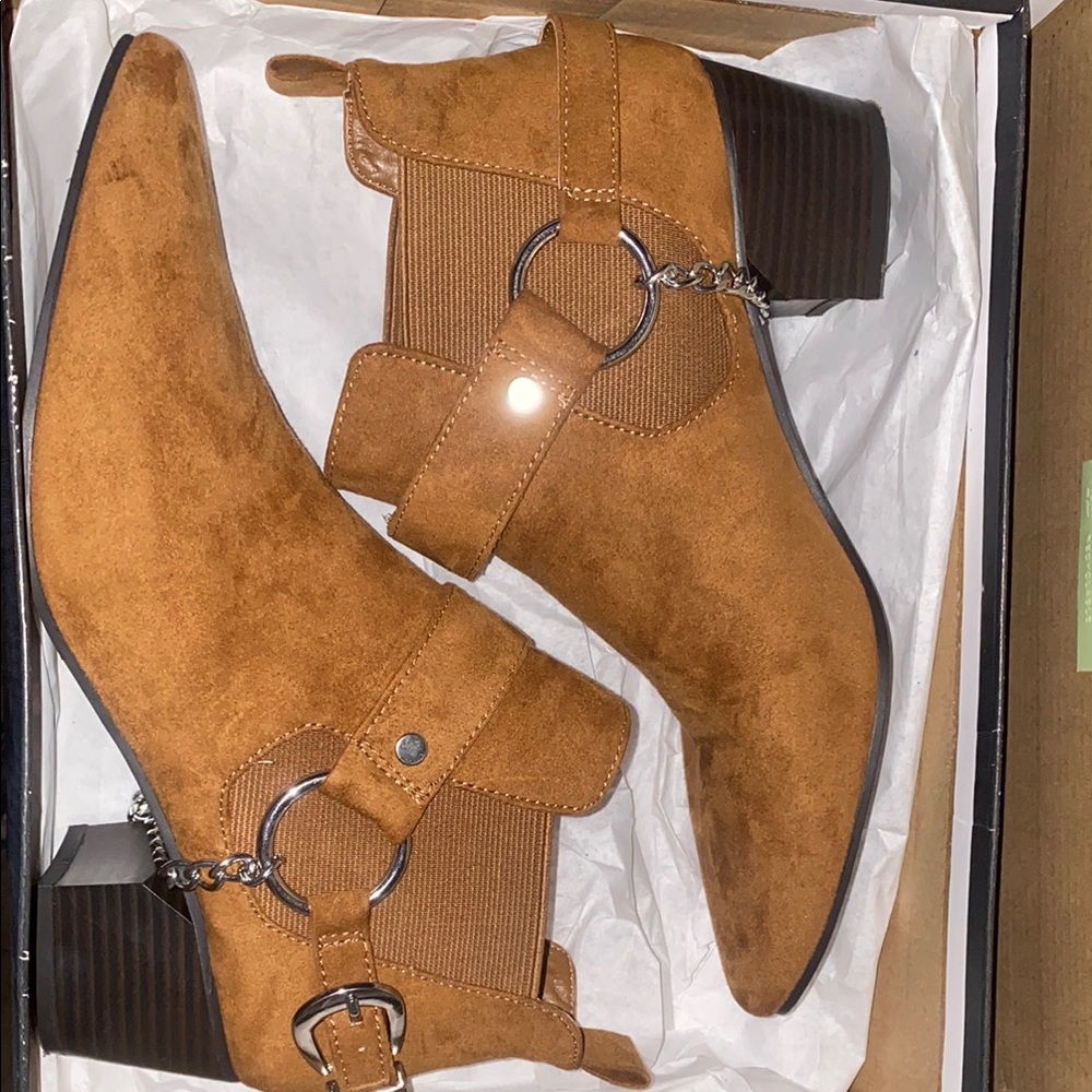 Tan Suede Ankle Boots With chain embellishments